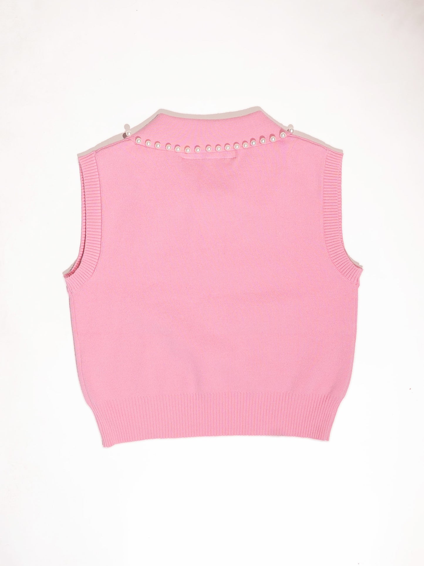 PEARL STUDDED SLEEVELESS CROPPED POLO- Pink