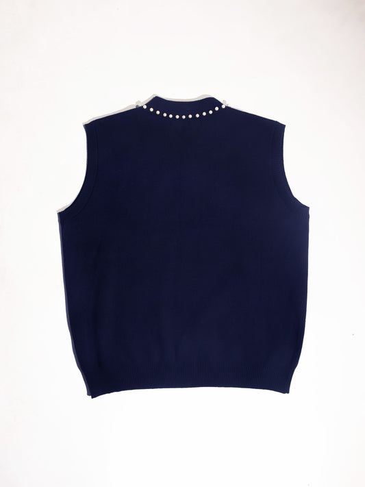 PEARL STUDDED SLEEVELESS POLO- Navy