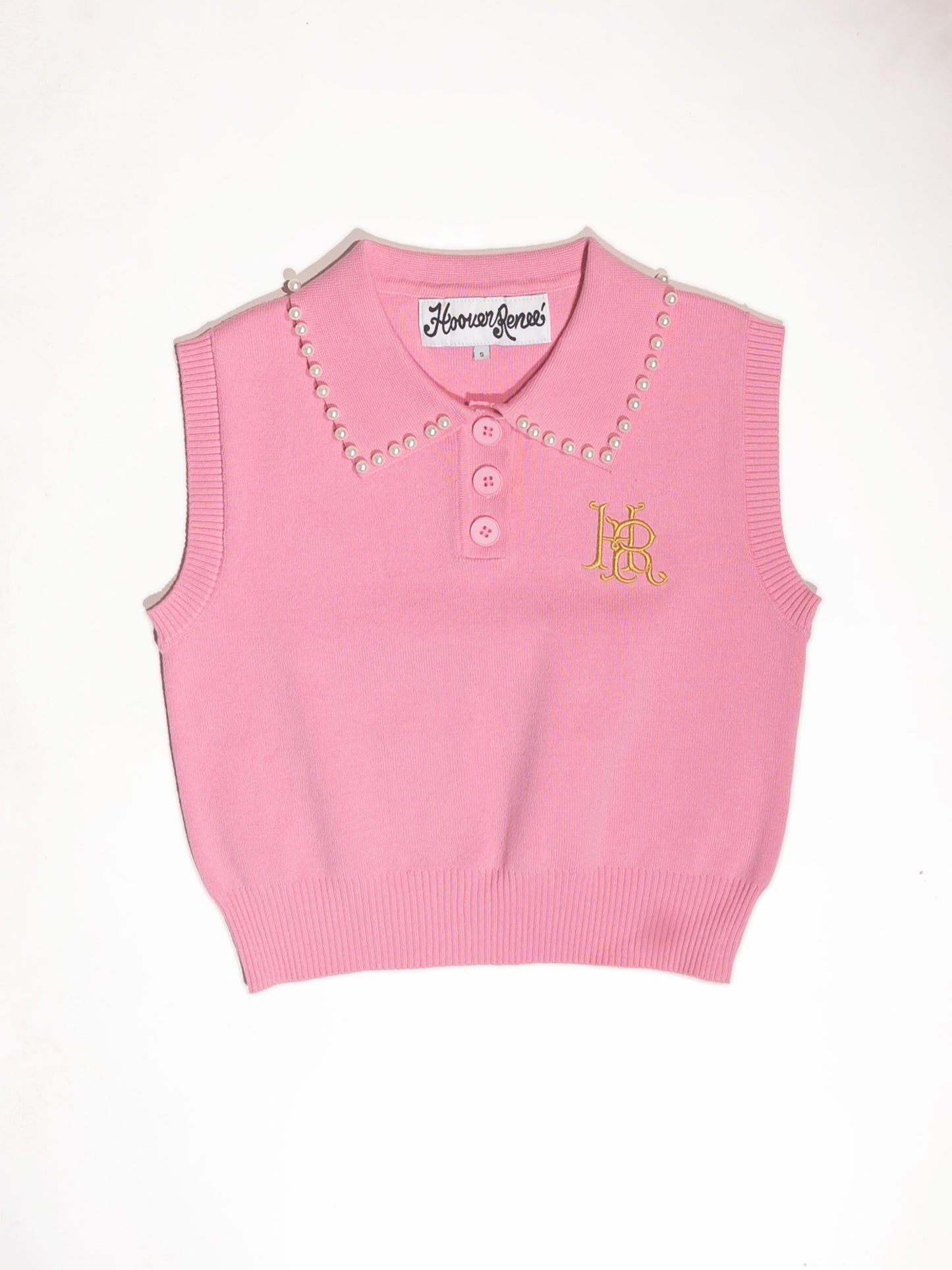 PEARL STUDDED SLEEVELESS CROPPED POLO- Pink