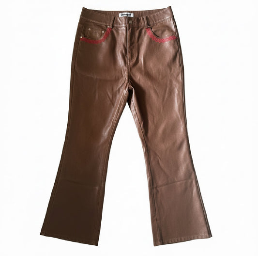 LEATHER SIGNATURE FLARE PANTS- Brown