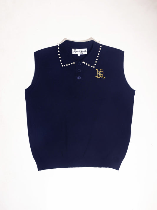 PEARL STUDDED SLEEVELESS POLO- Navy