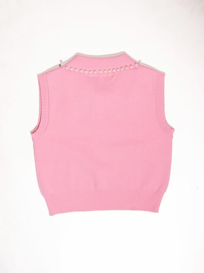PEARL STUDDED SLEEVELESS CROPPED POLO- Pink