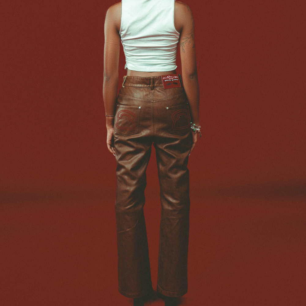 LEATHER SIGNATURE FLARE PANTS- Brown