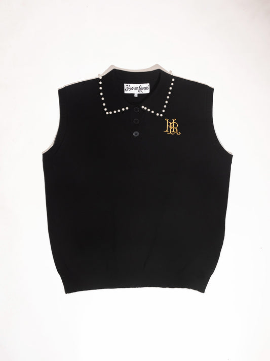 PEARL STUDDED SLEEVELESS POLO- Black