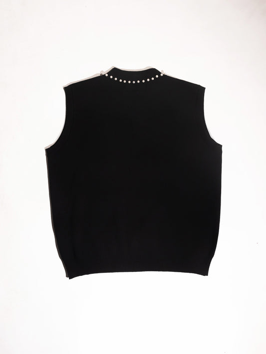 PEARL STUDDED SLEEVELESS POLO- Black