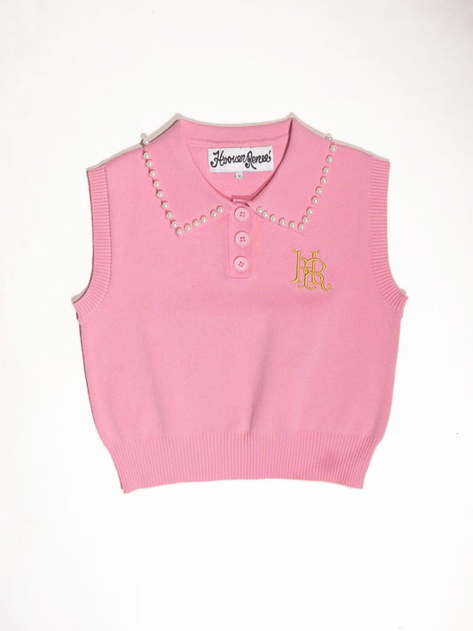 PEARL STUDDED SLEEVELESS CROPPED POLO- Pink