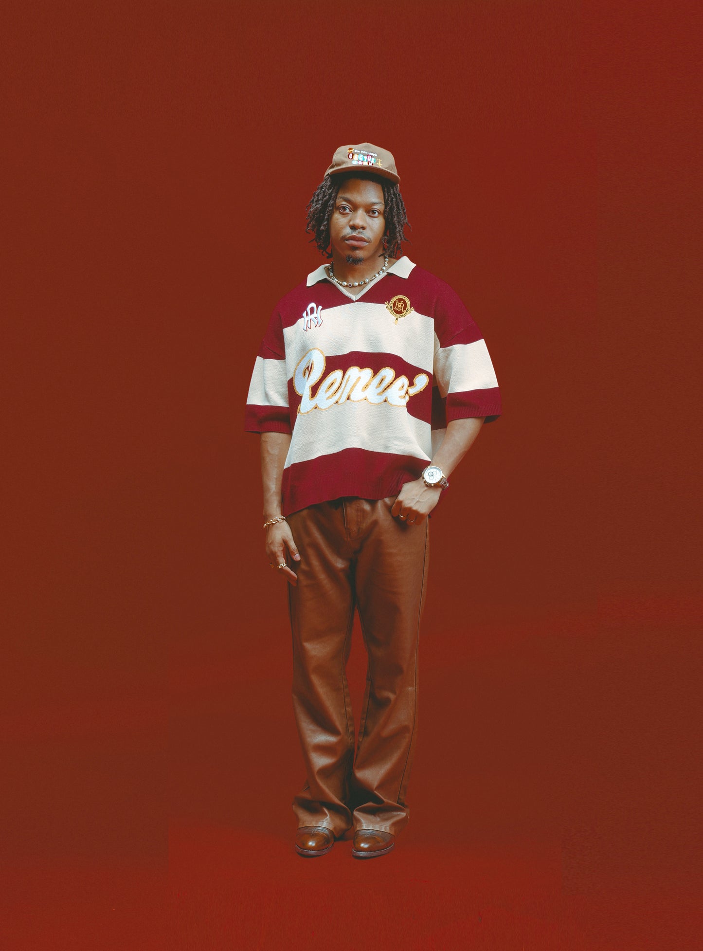 SHORTSLEEVE KNITTED RUGBY- Crimson/Beige