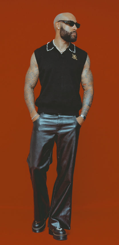 PEARL STUDDED SLEEVELESS POLO- Black