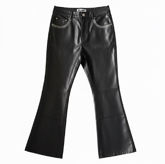 LEATHER SIGNATURE FLARE PANTS- Black
