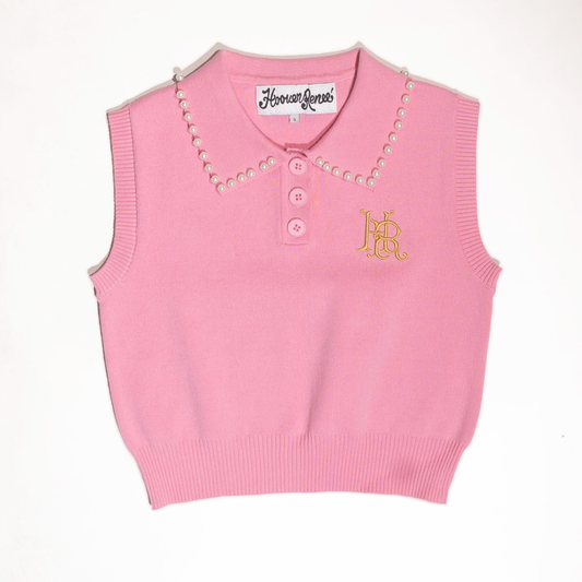 PEARL STUDDED SLEEVELESS CROPPED POLO- Pink