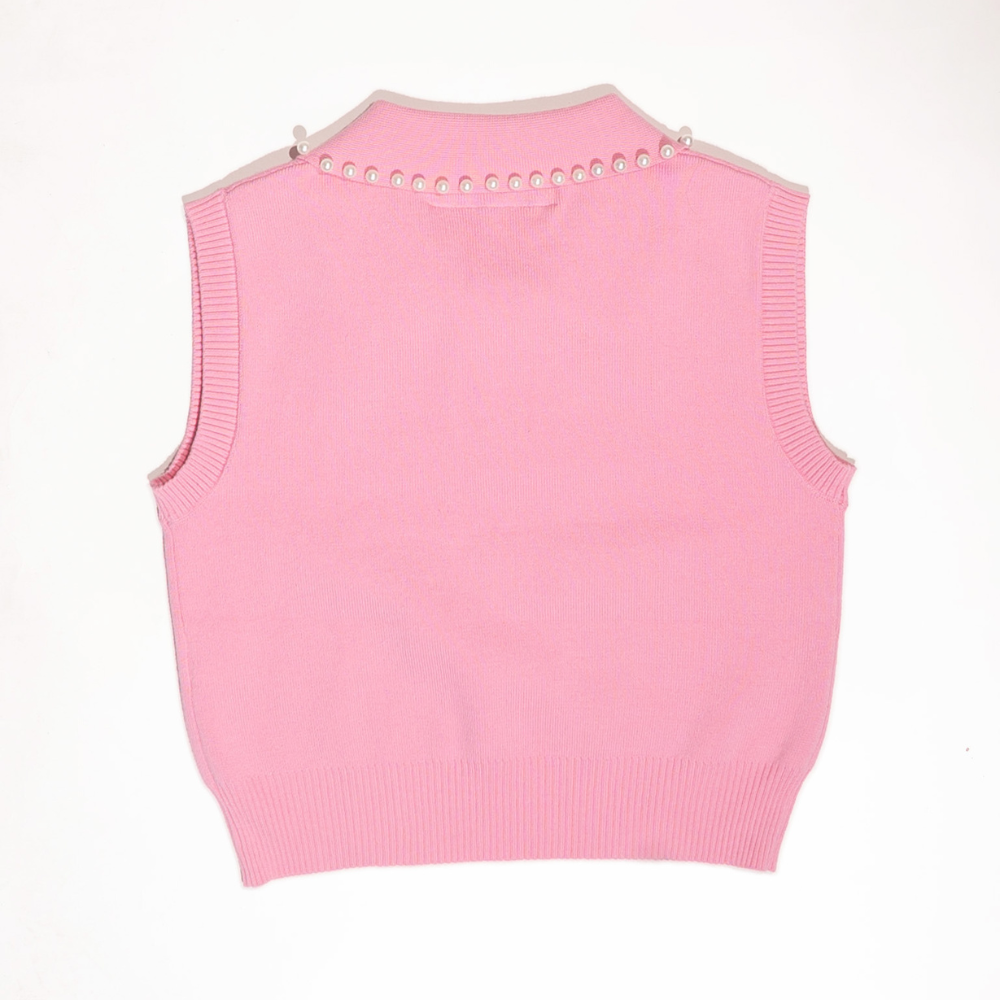 PEARL STUDDED SLEEVELESS CROPPED POLO- Pink